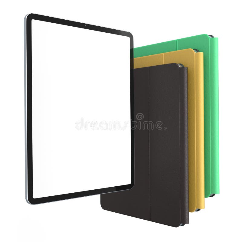 Set of Computer Tablets with Cover Case and Blank Screen Isolated on