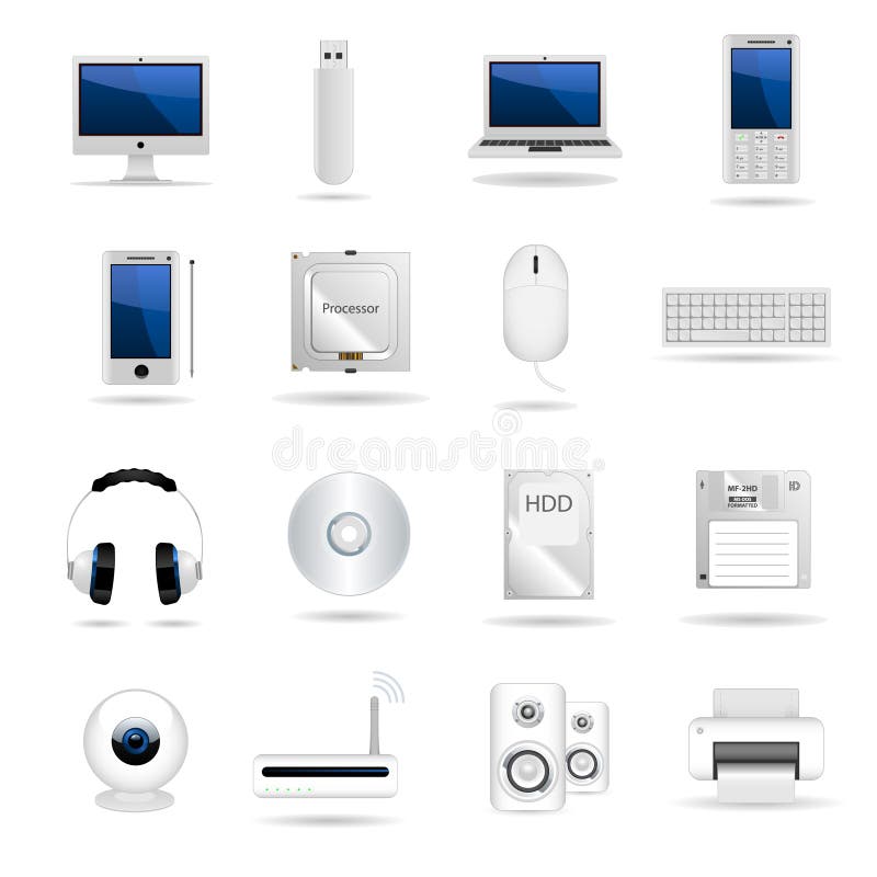 Set of computers and hardware icons stock illustration