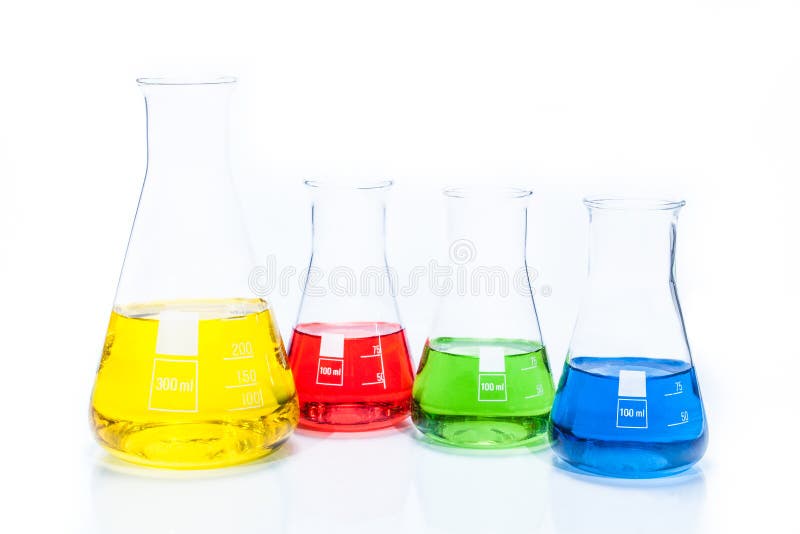 Set of conical temperature resistant flask with color liquid royalty free stock photography