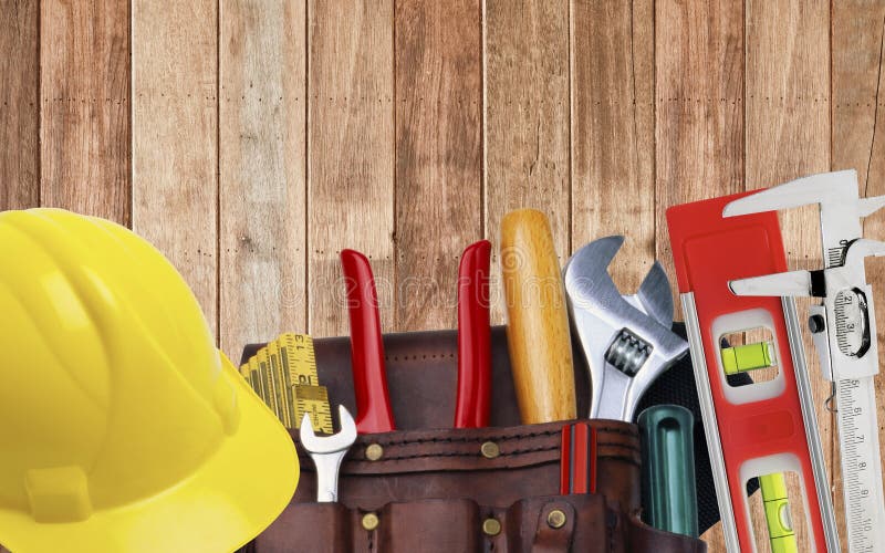 Set of Construction Tooling in Tool Belt Hard Hat Stock Image Image of leather, bowl 99803321