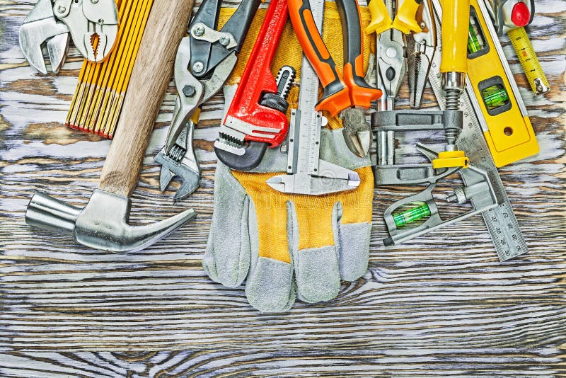 Set of Construction Tooling on Wooden Board Stock Photo Image of