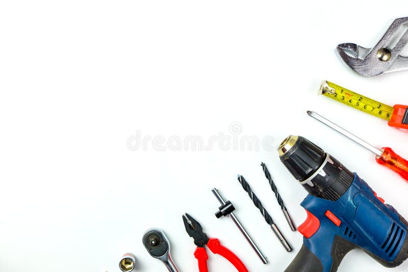 Set of construction tools on white background as wrench, hammer, pliers, socket wrench, spanner, tape measure, electric