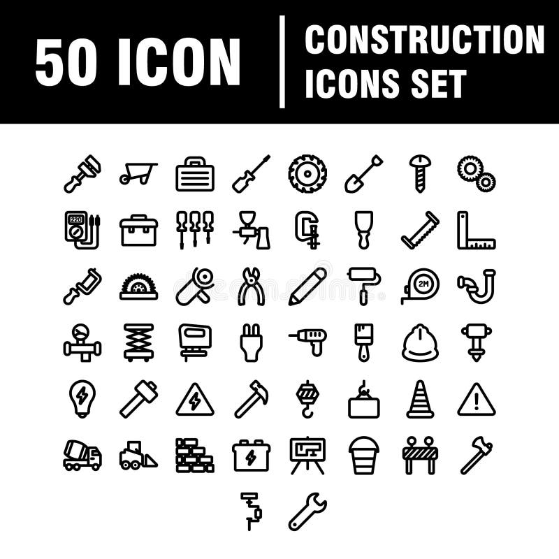Set of 50 Construction web icons in line style. Building, engineer, business, road, builder, industry