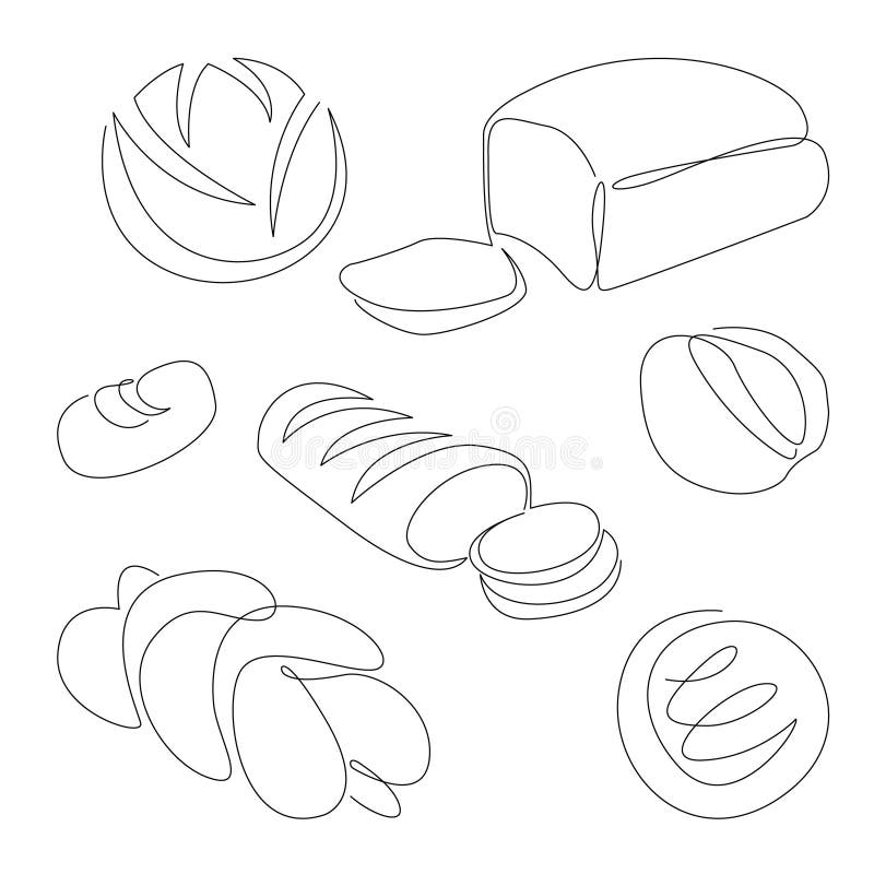 Set of Breads One Line Continuous Drawing. Whole Grain and Wheat Bread, Pretzel, Ciabatta