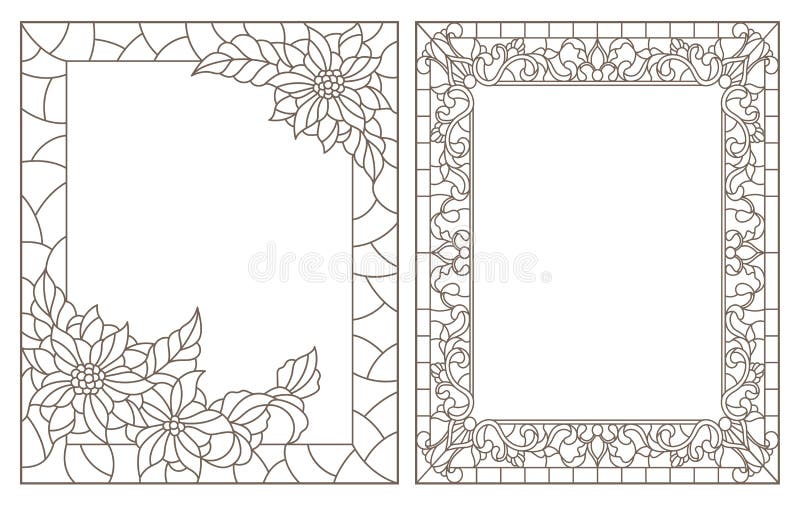 Contour set with illustrations of stained glass with floral framework,dark outlines on white background royalty free illustration Contour set with illustrations of stained glass with floral framework,dark outlines on white background royalty free illustration