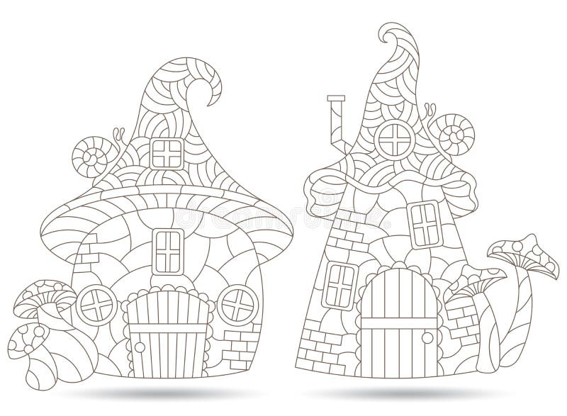 Contour set with  illustrations in the stained glass style with cozy fairy-tale houses, dark outlines on a white background