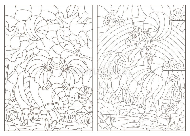 Contour set with illustrations of stained glass Windows with animals, elephant and unicorn on landscape background, dark contours