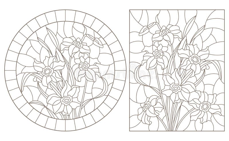 Contour set with   illustrations of stained glass Windows with daffodils in frames, dark contours on a white background, round and