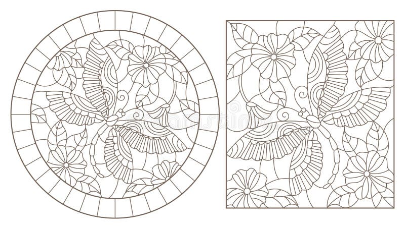 Contour set with illustrations of stained glass Windows with dragonflys and flowers, round and rectangular images stock illustration