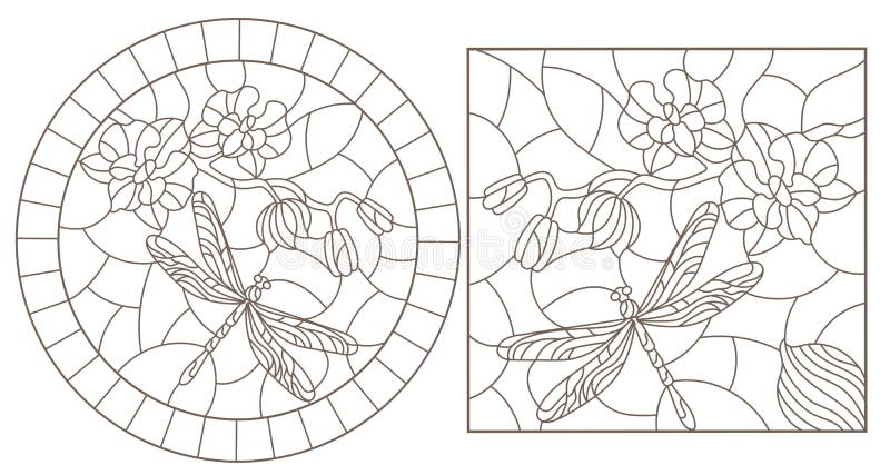 Contour set with illustrations of stained glass Windows with dragonflys and orchids, round and rectangular images stock illustration