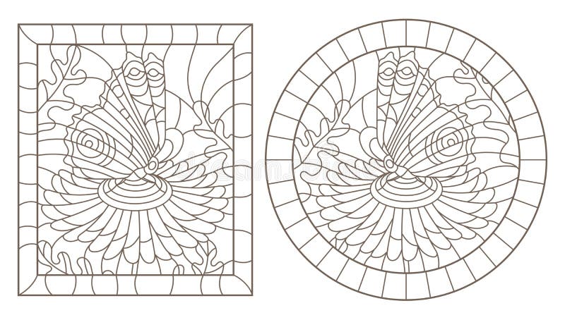 Contour set with illustrations of stained-glass Windows with flowers and butterflies, round and rectangular image, dark contours vector illustration