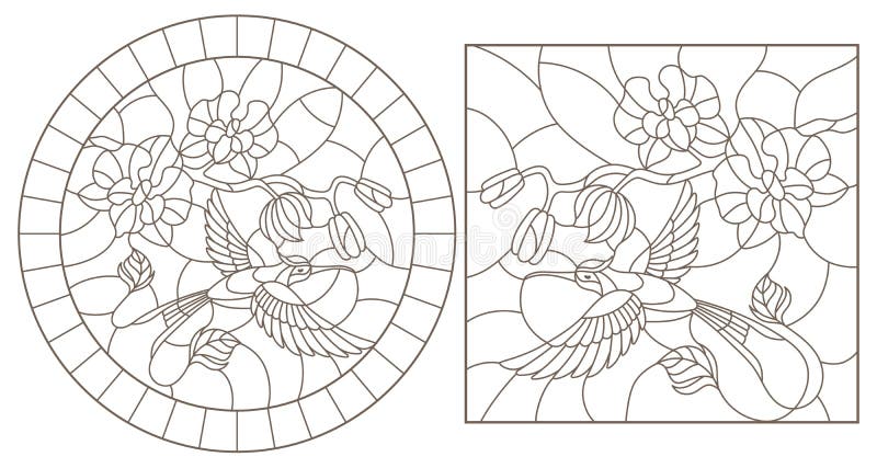 Contour set with illustrations of stained glass Windows with hummingbirds and orchids, round and rectangular images stock illustration
