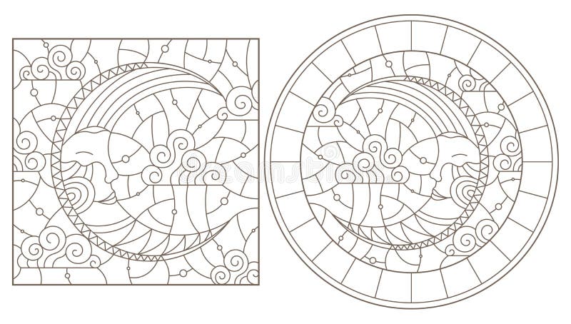 Contour set with illustrations of stained glass Windows with the moon and sky, round and rectangular image, dark contours on whit stock illustration