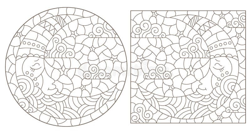 Contour set with illustrations of stained glass Windows with the moon and sky, round and rectangular image, dark contours on whit stock illustration