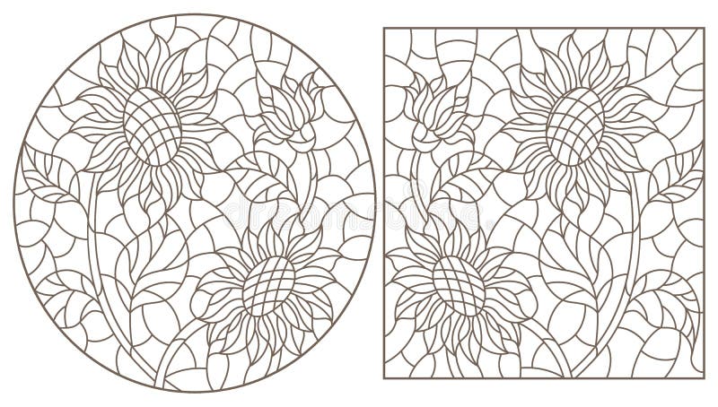 Contour set with illustrations of stained glass Windows with sunflowers, dark contours on a white background, oval and rectangular