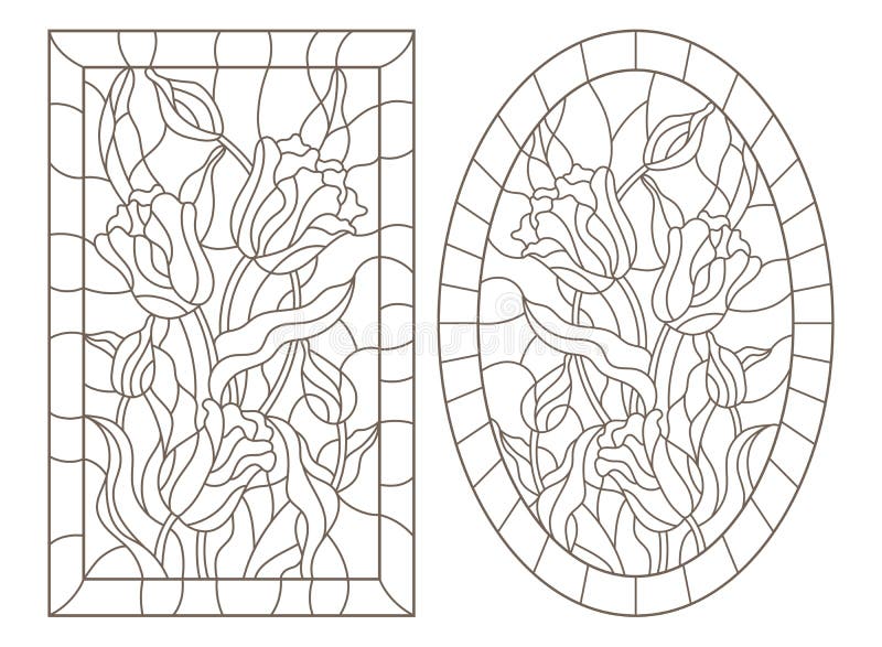 Contour set with illustrations of stained glass Windows with Tulips in frames, dark contours on a white background, oval and rec