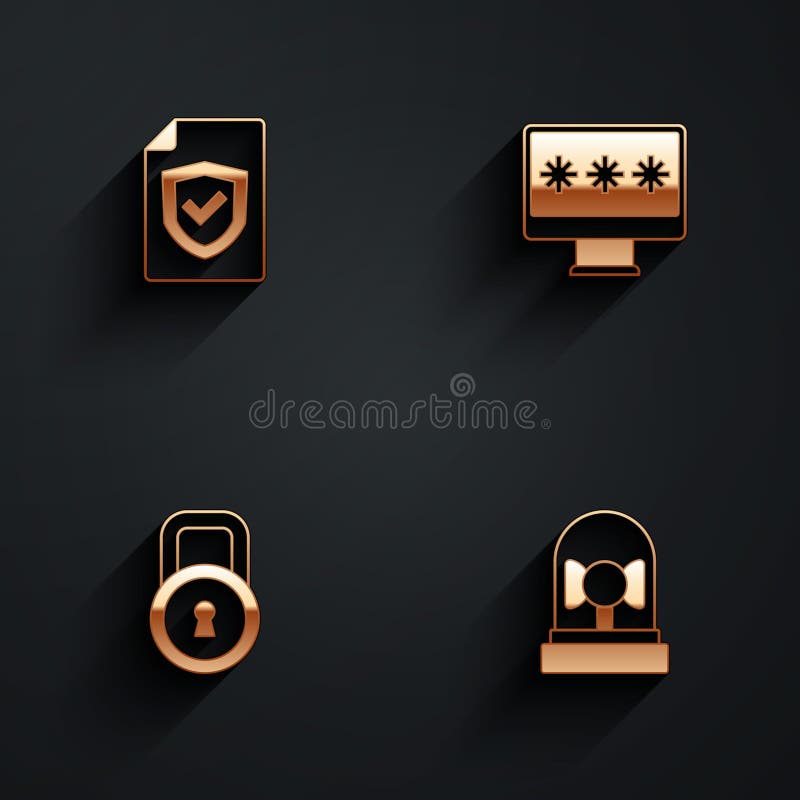 Set Contract with shield, Monitor password, Lock and Ringing alarm bell icon with long shadow. Vector stock illustration