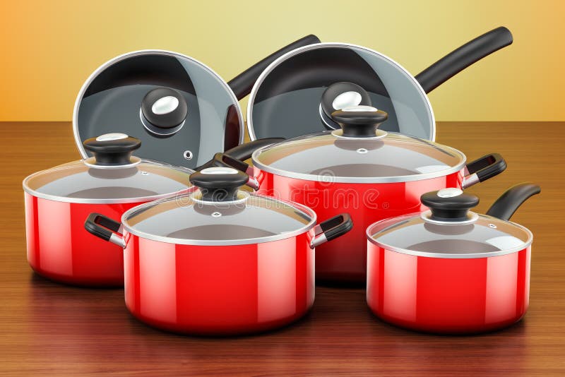 Set of Cooking Red Kitchen Utensils and Cookware. Pots and Pans Stock  Illustration - Illustration of pots, cooker: 110231465