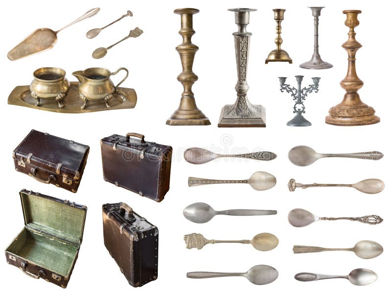 Set of Copper and Metal Vintage Cookware Isolated on White Background