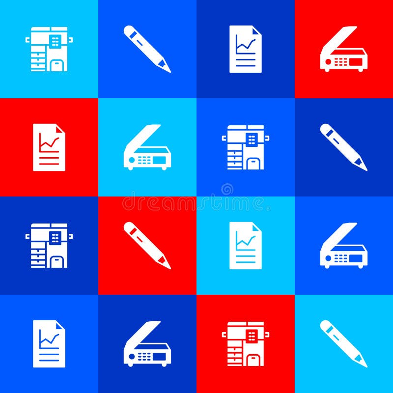 Set Copy machine, Pencil with eraser, Document graph chart and Scanner icon. Vector stock illustration