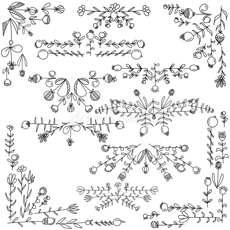 A set of corners, decorative rulers of doodle flowers with various rounded petals and leaves, plant elements for creating abstract floral compositions, outline vector illustration