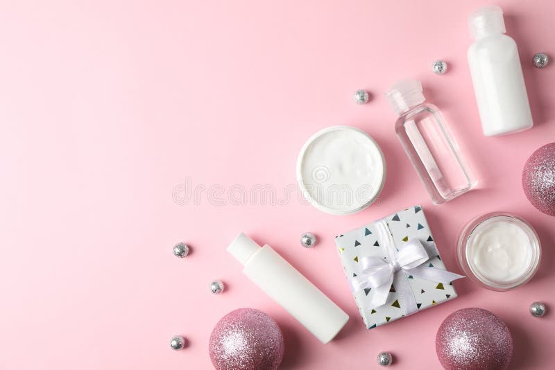 Set cosmetics, jar of winter cream for skin on background, space for text. Top view stock photos