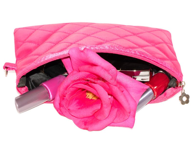 Set of Cosmetics in Pink Bag with Flower Roses Stock Image Image of