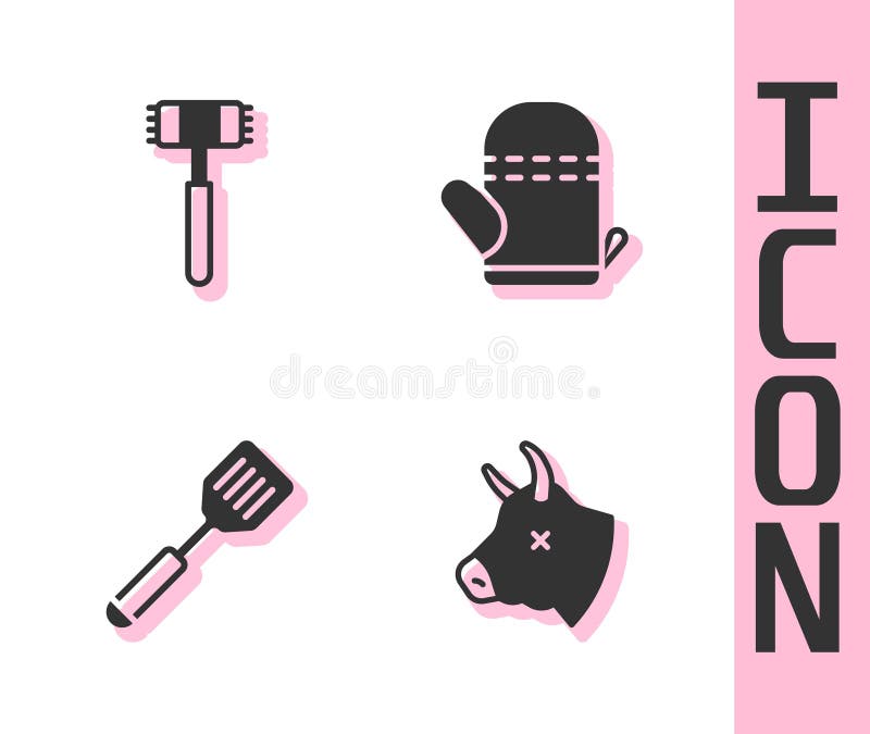 Set Cow Head, Kitchen Hammer, Spatula and Oven Glove Icon. Vector Stock