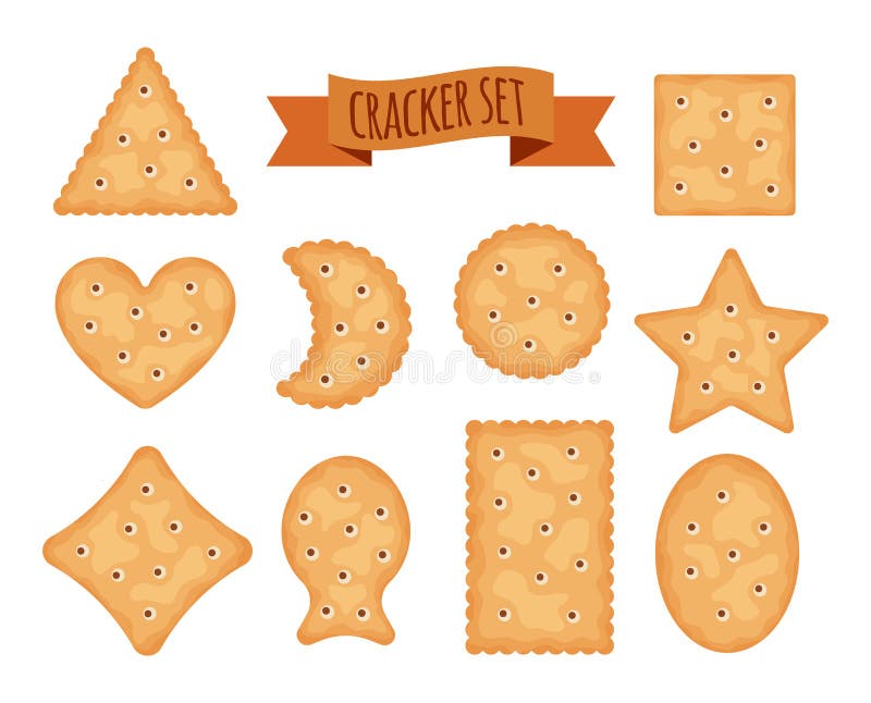 Set of cracker chips different shapes isolated on white background. Biscuit cookies for breakfast, tasty snack, yummy