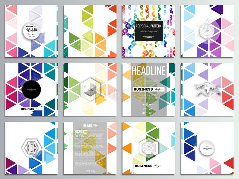 Set of 12 creative cards, square brochure template design. Abstract colorful business background, modern stylish