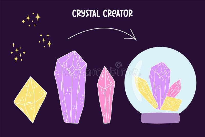 Set cristal. piatră cristalină cu creator de cristal sau piatră nestratificată. cristale desenate manual magic și stele textează v vector illustration