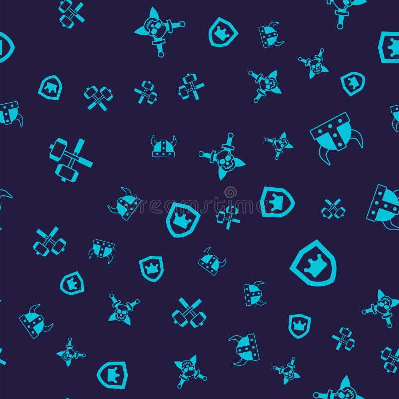 Set Crossed Battle Hammers, Viking in Horned Helmet, Skull with Sword