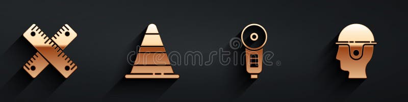 Set Crossed ruler, Traffic cone, Angle grinder and Worker safety helmet icon with long shadow. Vector royalty free illustration