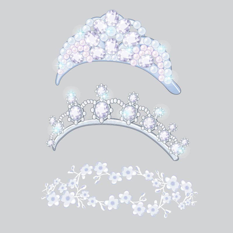 Set of crowns and wreaths on the brides head isolated on gray background. Jewelry wedding diamond jewelry. Vector vector illustration Set of crowns and wreaths on the brides head isolated on gray background. Jewelry wedding diamond jewelry. Vector vector illustration