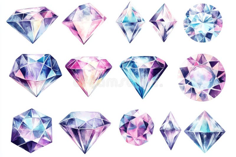 A set of crystal gems rendered in watercolor, presented on a white background as a hand-drawn illustration royalty free stock photography
