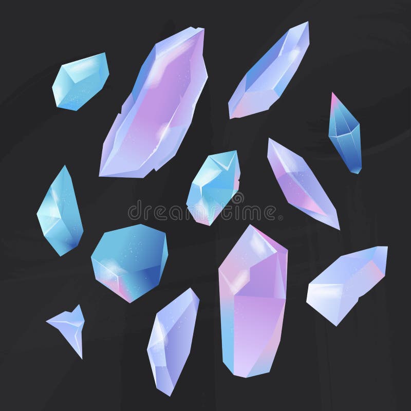 Set of crystals opal stones. Minerals, gems, and diamonds of different forms on a black background. royalty free illustration