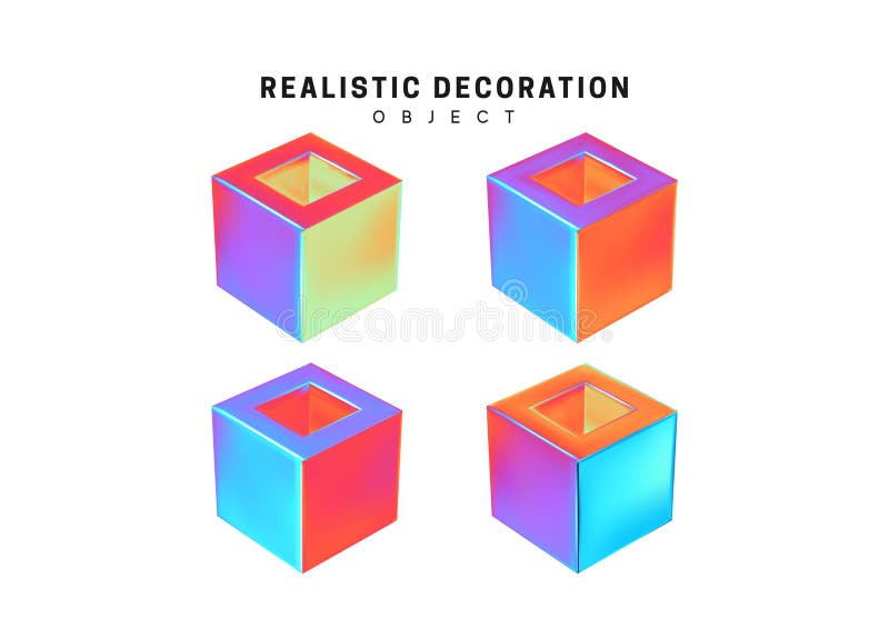 Set Cube. Square Realistic geometric shapes with holographic color gradient. Hologram decorative design elements royalty free illustration