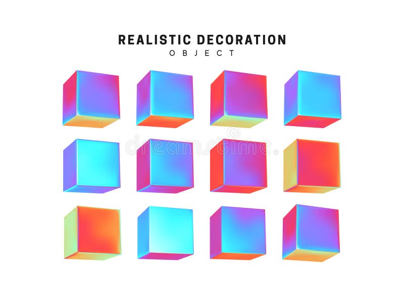 Set Cube. Square Realistic geometric shapes with holographic color gradient. Hologram decorative design elements royalty free illustration
