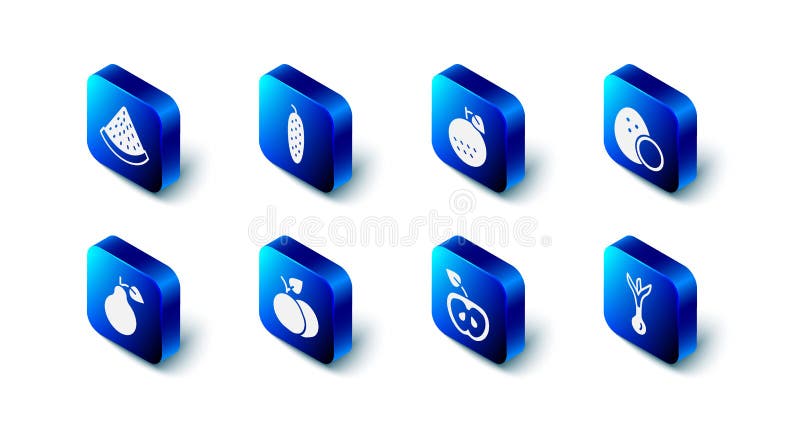 Set Cucumber, Orange fruit, Coconut, Onion, Apple, Mango, Pear and Watermelon icon. Vector stock illustration