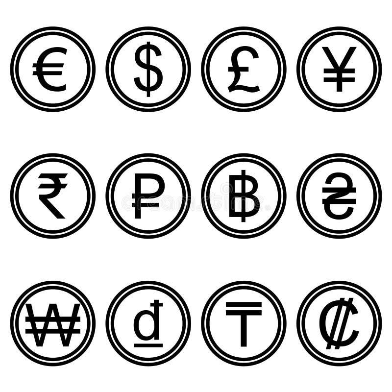 Currency symbols icons simple black and white colored set stock illustration Currency symbols icons simple black and white colored set stock illustration