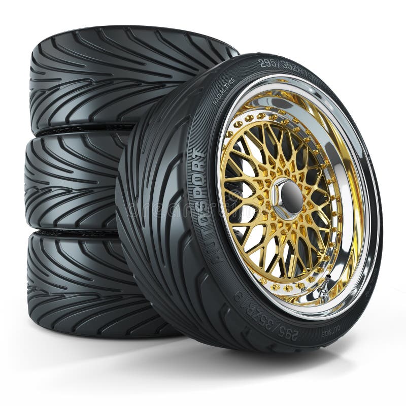 Set of custom wheels, chromed rims isolated on white background 3d. Stack vehicle illustrations