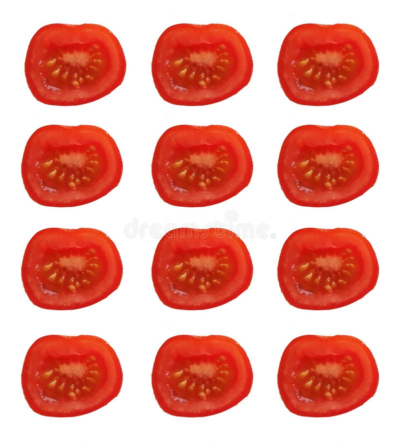 A set of cut red tomatoes in rows on a blank background stock photo A set of cut red tomatoes in rows on a blank background stock photo