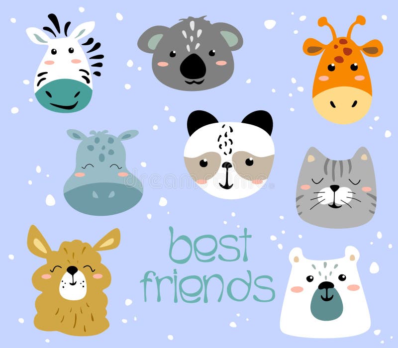 Set of cute animal faces. Creative animalistic print giraffe, zebra, koala, hippo, panda, bear, cat, baby lama, greeting cards. Ve