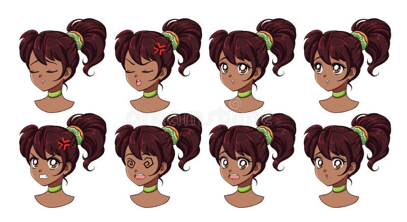 Vector Big Set of Anime Faces with Hair. Flat Gray Icons of Girls