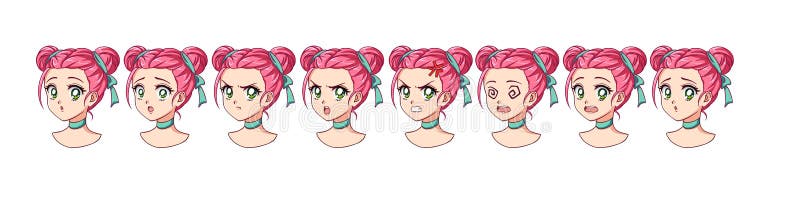 A Set of Cute Anime Girl with Different Expressions. Pink Hair, Big Green  Eyes Stock Vector - Illustration of head, design: 178762661