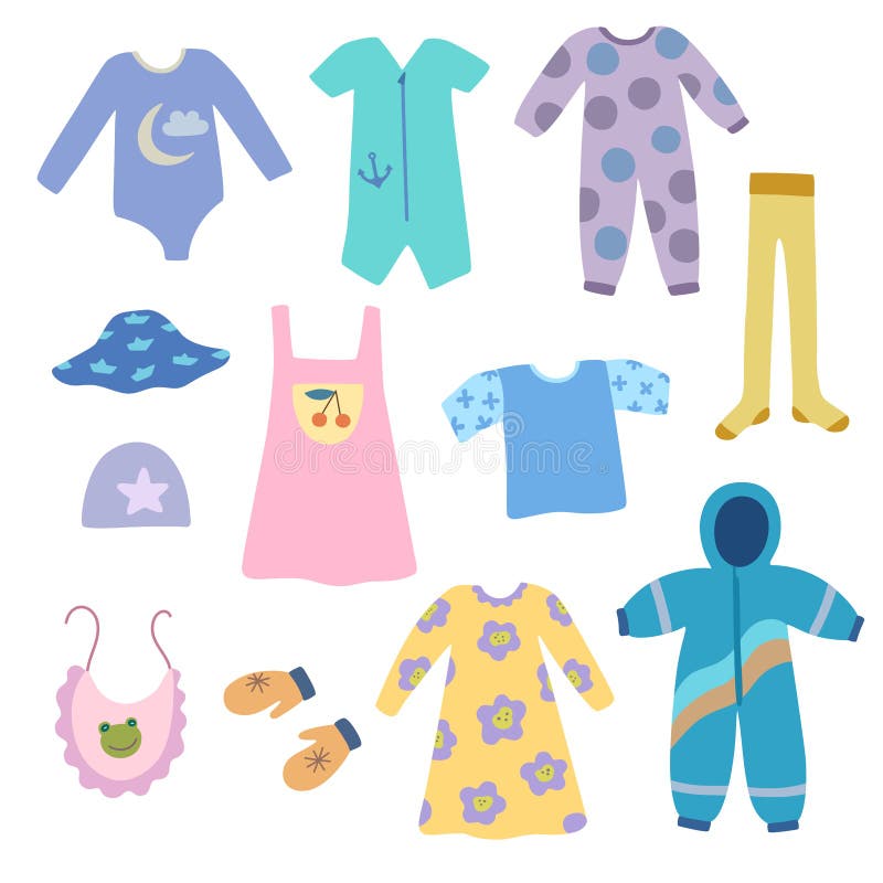 Set of Cute Baby and Infant Clothes in Doodle Boho Cartoon Style ...