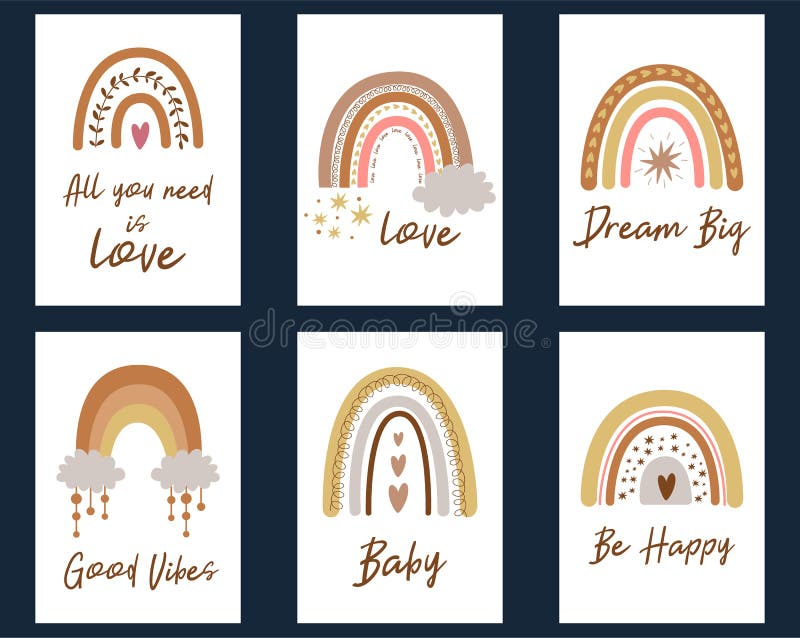 Set of cute baby shower cards with boho rainbows calligraphy quotes. Kids rainbow