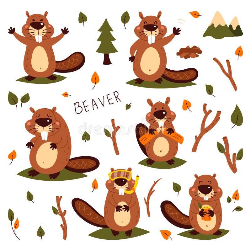 Cute beavers kawaii cartoon characters icons set. Adorable, happy and funny  animal in different poses, emotions isolated sticker, patch. Anime baby  Stock Vector Image & Art - Alamy