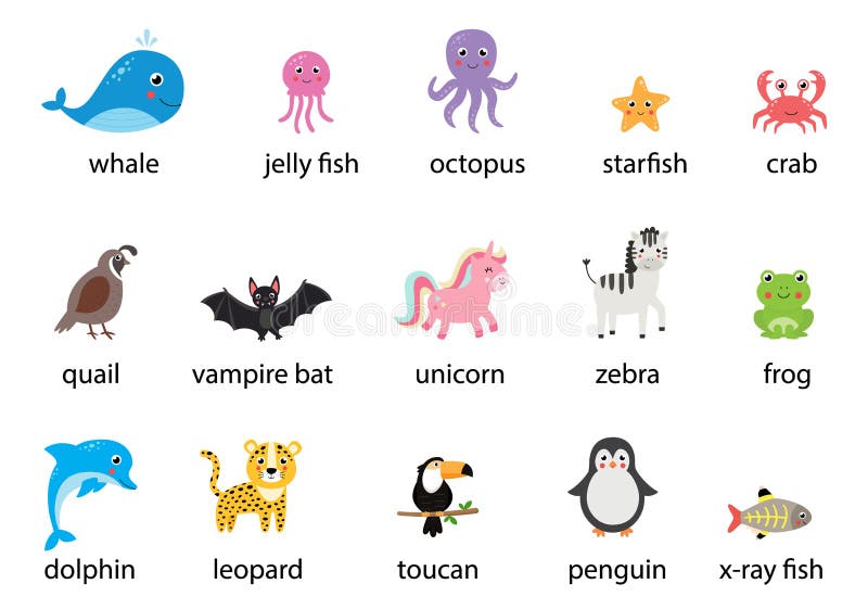 Set of Cute Cartoon Animals with Names. Vector Illustrations. Stock Vector  - Illustration of animal, bird: 220739723