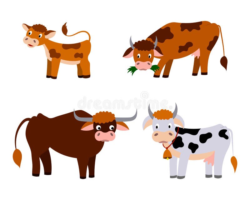 a set of cute cartoon cows and a calf. vector isolated on a white background stock illustration
